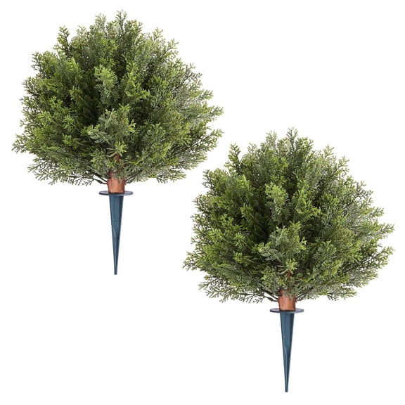 Artificial Topiary Cypress Trees 16 Inch 2 Set Faux Shrubs with Ground Spike for Outdoor Indoor Decor