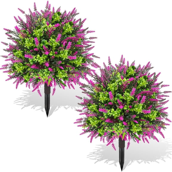 Artificial Topiary Lavender Ball Tree Outdoor with Ground Spike 22"- Faux Shrubs, Eucalyptus for Indoor & Garden, Yard, Porch, Patio Decor ( Green)