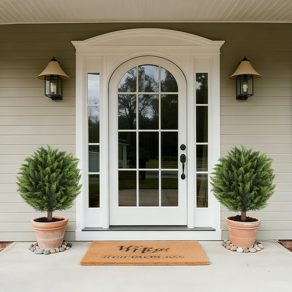 Artificial Topiary Outdoor Plants With Spike 2-Pack 24 Inch Faux Cedar Bushes UV Resistant Fake Shrubs For Porch Patio Decor For Homeowners(Green)
