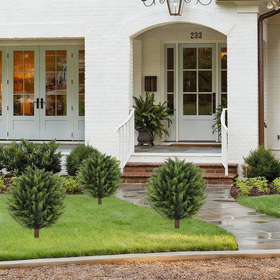 Artificial Topiary Outdoor Plants With Spike, 2 Pack Faux Cedar Bushes UV Resistant Fake Shrubs For Front Porch Décor