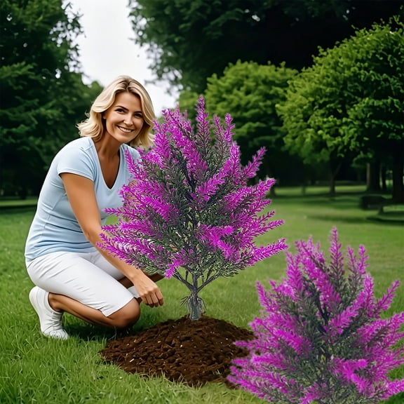 Artificial Topiary for Outdoors,Fake Plants for Outside,Artificial Potted Trees with Ground Stakes,16.7*8IN Realistic Topiary Lavender Ferns Trees UV Resistant Faux Evergreen Shrub Bushes(Purple)