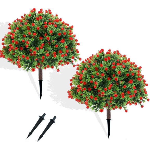Artificial Topiary Rose Set of 2, Boxwood Ball with Ground Spike | Low Faux Artificial , Shrub Bushes for Porch, Ball Trees for Outdoor Planters Indoor Decor