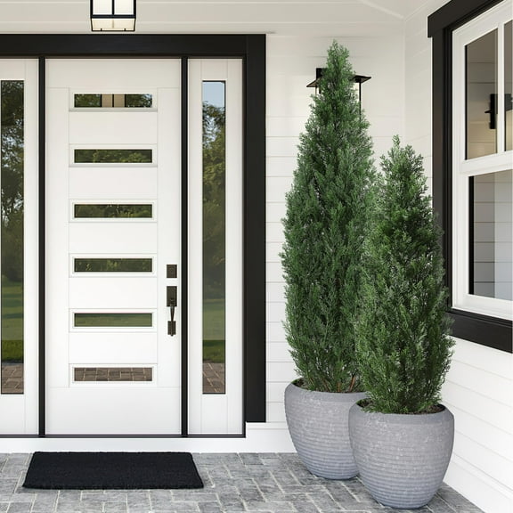 Artificial Topiary Tree 2-Set,5ft Artificial Cedar Topiary Trees for Outdoor & Indoor Decor,Artificial Topiary Boxwood Tree, Faux Shrub Uv Protection for Longer Life (Decorative flower pots not includ