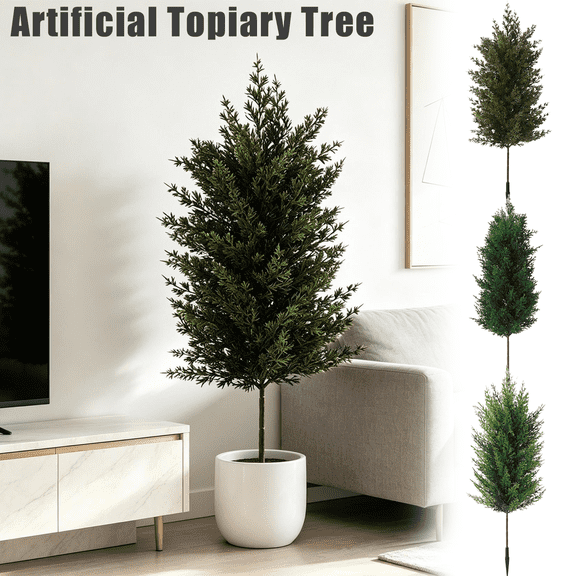 Artificial Topiary Tree 25.4", UV Resistant Cedar Tree – Potted Faux Bush for Outdoor & Indoor, Front Porch, Garden & Home Decor (A)