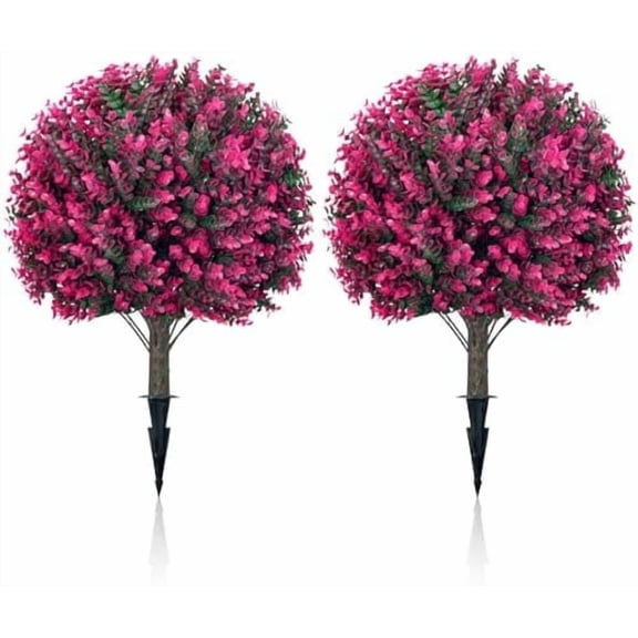 Artificial Topiary Tree with Pink Eucalyptus, Set of 2-17in UV Resistant Fake Evergreen Tree for Porch, Outdoor Artificial Plants for Planters - Ground Spike Included