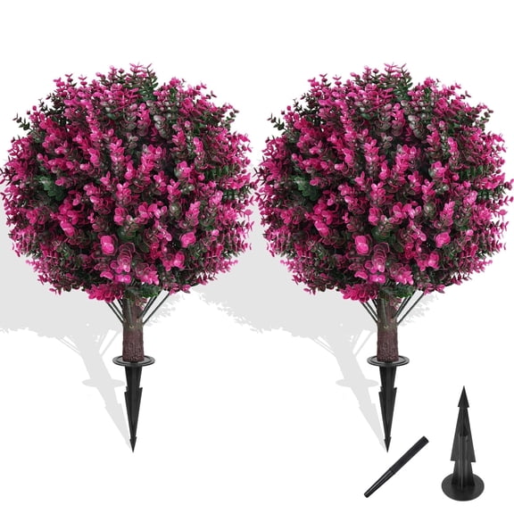 Set of 2 17 Inch Pink Eucalyptus Topiary Trees with Ground Spike, UV Resistant Fake Shrubs for Porch Outdoor Planter Deco