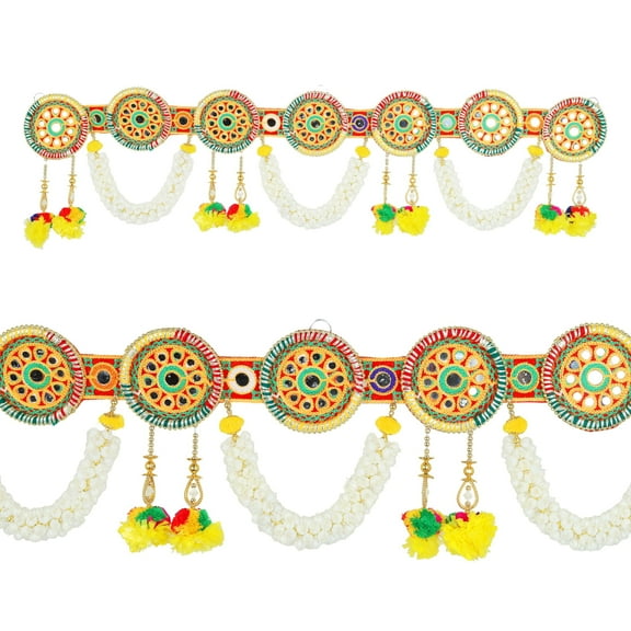 Artificial Toran Door Hanging Marigold Mogra Flowers Garlands Toran Set with Bandanwar Round Chakra with Beads for Home Christmas Festival Indian Wedding Entrance Decoration(Size-36"X9")