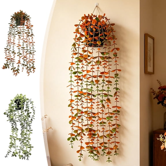 Artificial Trailing Wall Hanging Planter 25In Plastic Fake Eucalyptus Vine, Ready-To-Hang Basket Decor For Fall Thanksgiving Halloween Rustic Home Layout Green