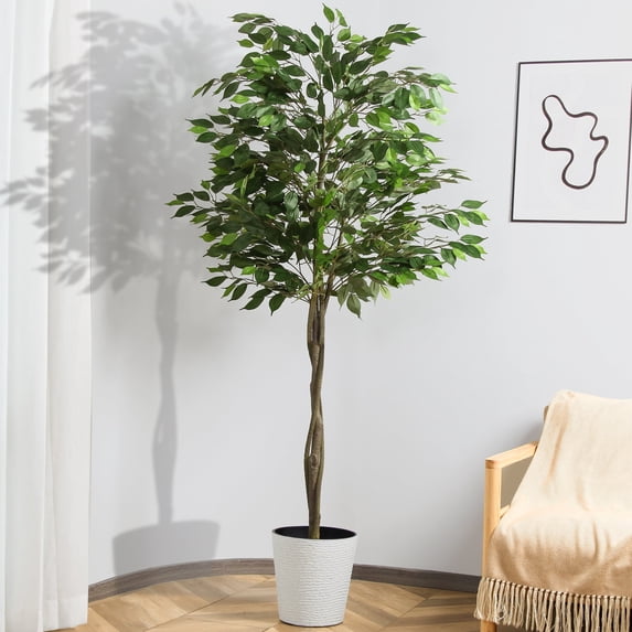 Artificial Tree, 7ft Fake Ficus Tree, Faux Plastic Ficus Plant in Pot with Durable Plastic Trunk, Fake Silk Plant for Home Decor Office House Living Room Indoor Outdoor