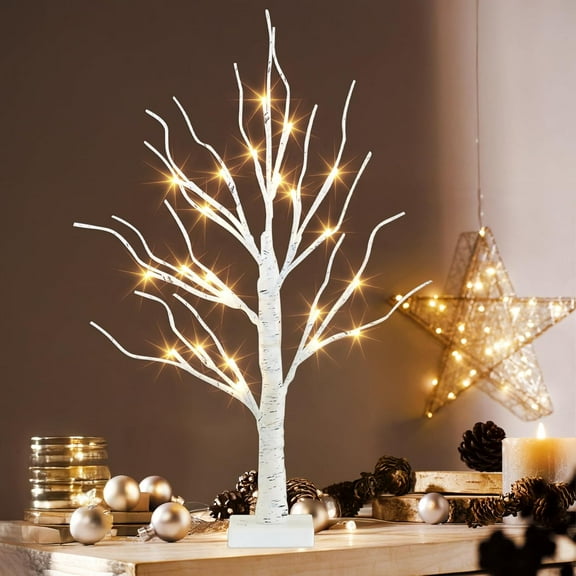 Artificial Tree for Christmas Decorations, 2FT Birch Tree with LED Lights, Warm White Fairy Lights Spirit Tree Lamp for Home Indoor Tabletop Centerpiece, Battery Powered, Timer