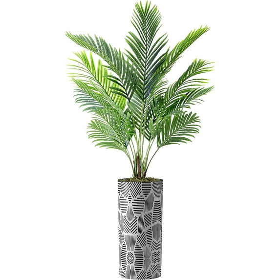 Artificial Tree in Contemporary Geometric Pattern Planter, Fake Areca Tropical Palm Silk Tree for Indoor and Outdoor Home Decoration - 66" Overall Tall (Plant Pot Plus Tree)