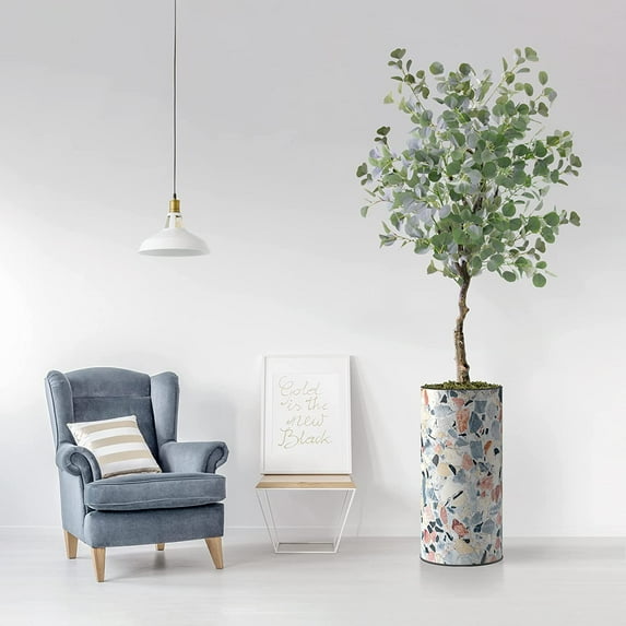Artificial Tree in Contemporary Geometric Pattern Planter, Fake Eucalyptus Silk Tree for Indoor and Outdoor Home Decoration - 66" Overall Tall (Plant Pot Plus Tree)