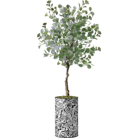 Artificial Tree in Contemporary Pattern Planter, Fake Eucalyptus Silk Tree for Indoor and Outdoor Home Decoration - 57" Overall Tall (Plant Pot Plus Tree)