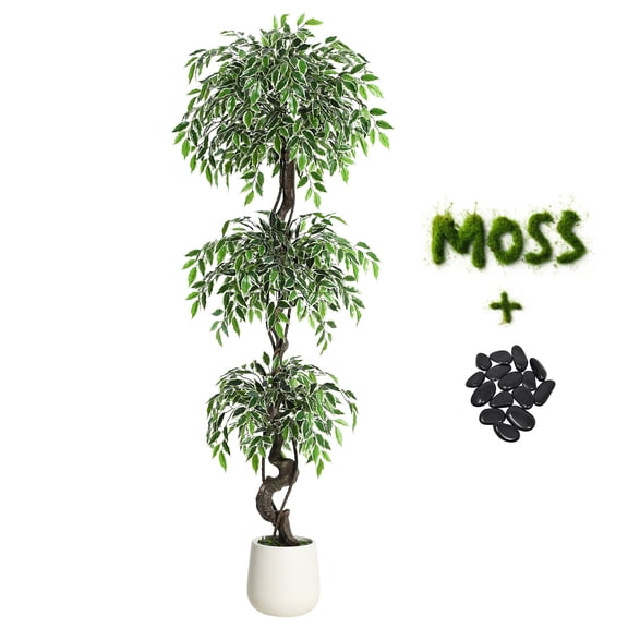 Artificial Tree, Faux Plant Lifelike Ficus - Real Wood Trunk, White Planter, Pebbles & Moss, 6 ft for Home Office Decor, Indoor Floor