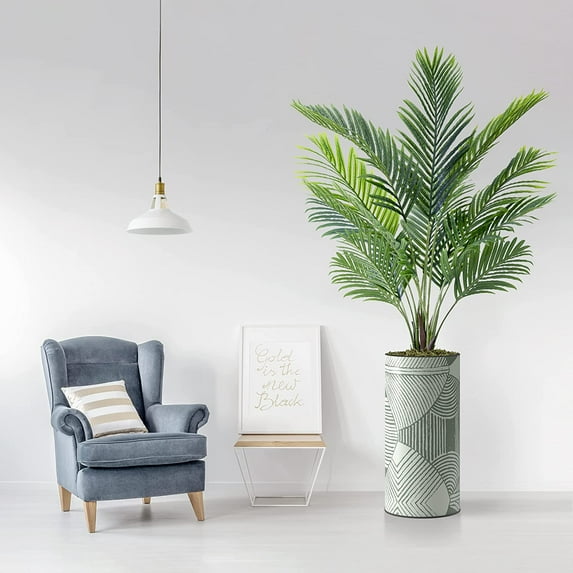 Artificial Tree in Geometric Pattern Planter, Fake Areca Tropical Palm Silk Tree for Indoor and Outdoor Home Decoration - 66" Overall Tall (Plant Pot Plus Tree)