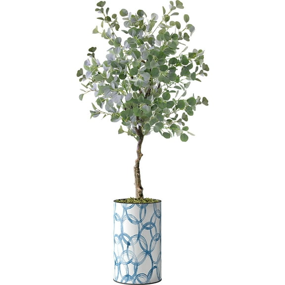 Artificial Tree in Geometric Pattern Planter, Fake Eucalyptus Silk Tree for Indoor and Outdoor Home Decoration - 57" Overall Tall (Plant Pot Plus Tree)