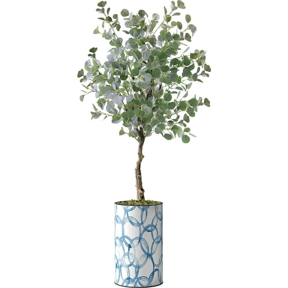Artificial Tree in Geometric Pattern Planter, Fake Eucalyptus Silk Tree for Indoor and Outdoor Home Decoration - 57" Overall Tall (Plant Pot Plus Tree)