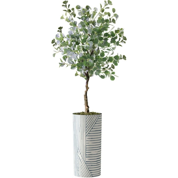 Artificial Tree in Geometric Pattern Planter, Fake Eucalyptus Silk Tree for Indoor and Outdoor Home Decoration - 66" Overall Tall (Plant Pot Plus Tree)