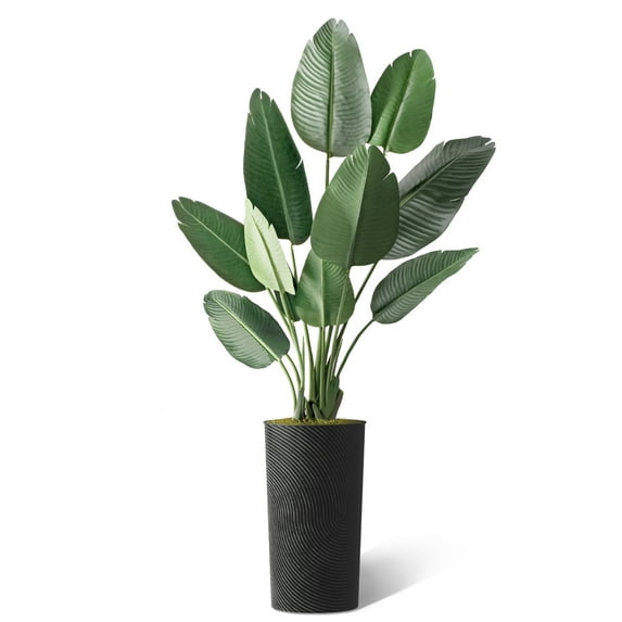 Artificial Tree in Geometric Spiral Pattern Planter, Fake Bird of Paradise Silk Tree for Indoor and Outdoor Home Decoration - 67" Overall Tall (Plant Pot Plus Tree)