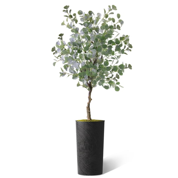 Artificial Tree in Geometric Spiral Pattern Planter, Fake Eucalyptus Silk Tree for Indoor and Outdoor Home Decoration - 66" Overall Tall (Plant Pot Plus Tree)