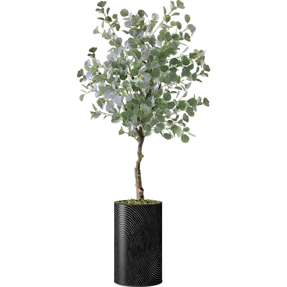 Artificial Tree in Geometric Spiral Pattern Planter, Fake Eucalyptus Silk Tree for Indoor and Outdoor Home Decoration - 57" Overall Tall (Plant Pot Plus Tree)