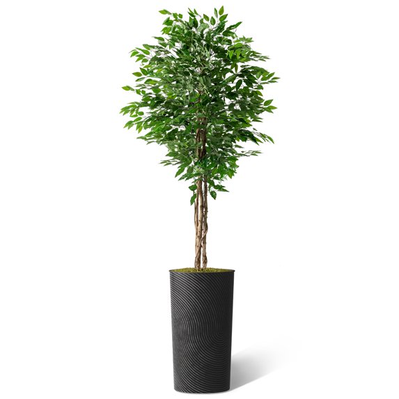 Artificial Tree in Geometric Spiral Pattern Planter, Fake Ficus Silk Tree for Indoor and Outdoor Home Decoration - 75" Overall Tall (Plant Pot Plus Tree)