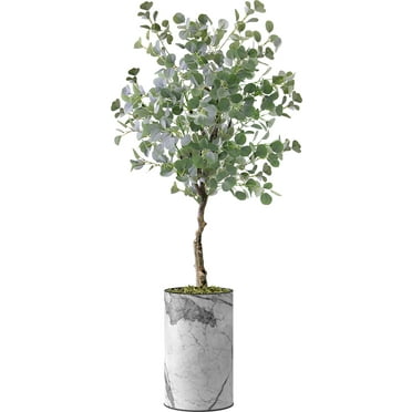 Artificial Tree in Gray Marble Effect Planter, Fake Eucalyptus Silk Tree for Indoor and Outdoor Home Decoration - 57" Overall Tall (Plant Pot Plus Tree)