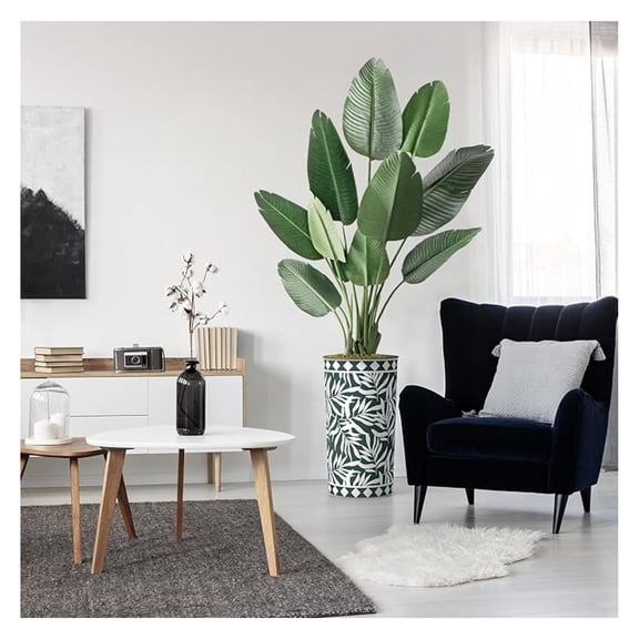 Artificial Tree in Green and White Pattern Planter, Fake of Paradise Silk Tree for Indoor and Outdoor Home Decoration - 67" Overall Tall (Plant Pot Plus Tree)