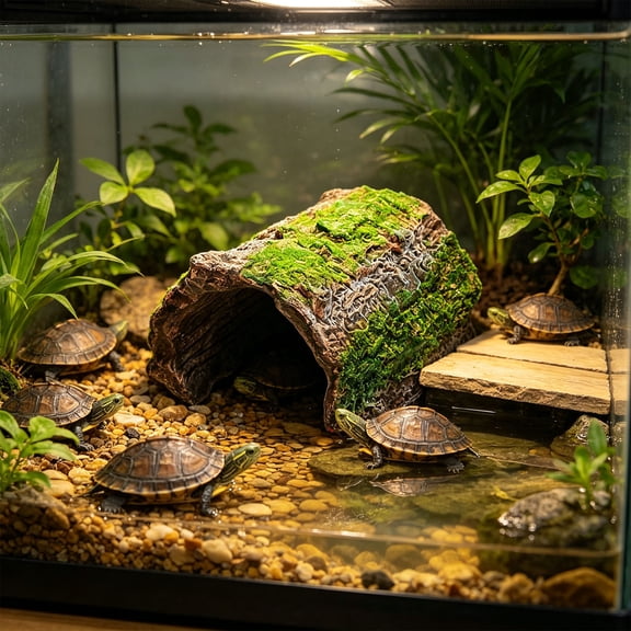 Artificial Tree House Cave for Reptiles Turtle Rocks Hideout, Basking Terrace with Climbing Toy, Aquarium Terrarium Decoration for Small Animals Shelter