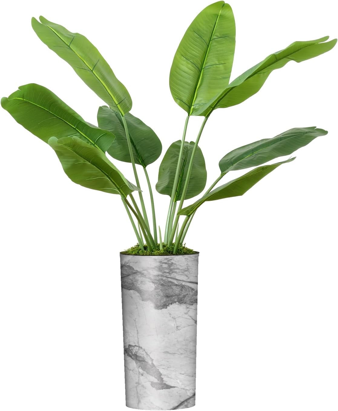 Artificial Tree In Gray Marble Effect Planter, Fake Banana Leaf Silk