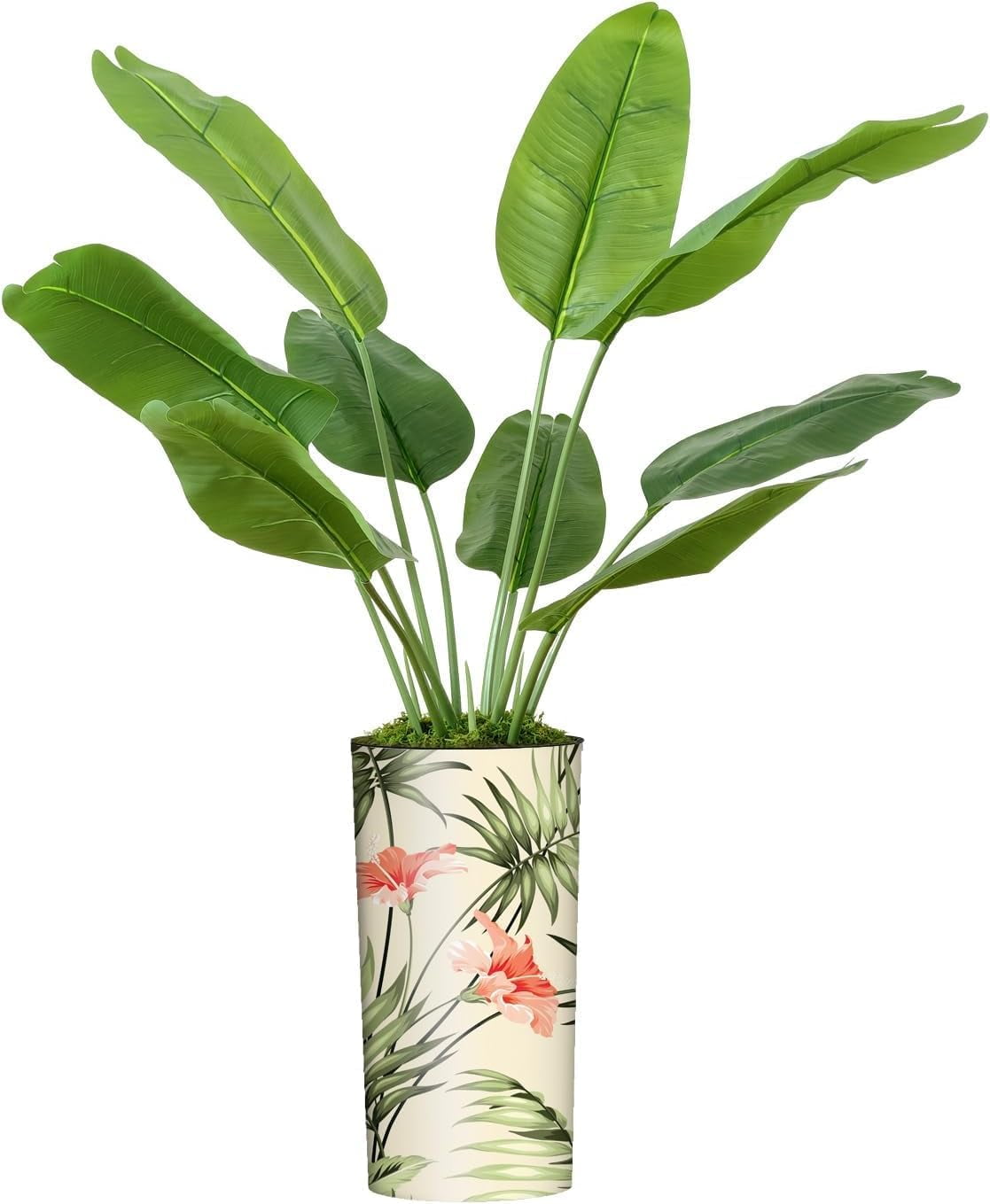 Artificial Tree In Modern Illustrated Planter, Fake Banana Leaf Silk