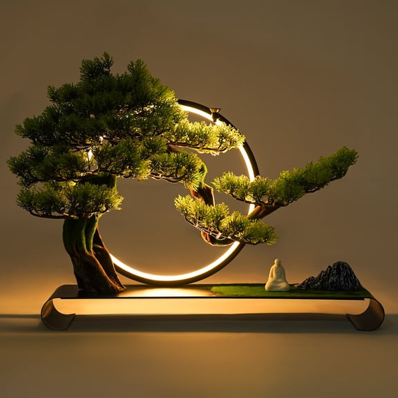 Artificial Tree with Lamp Ring, Realistic Simulation Bonsai, Zen Welcome Pine Faux Potted with Incense Holder, Artificial Bonsai Green Plant for Home Office Garden Patio Farmhouse Decoration