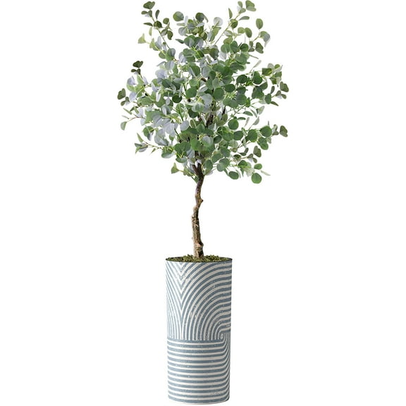 Artificial Tree in Modern Geometric Pattern Planter, Fake Eucalyptus Silk Tree for Indoor and Outdoor Home Decoration - 66" Overall Tall (Plant Pot Plus Tree)