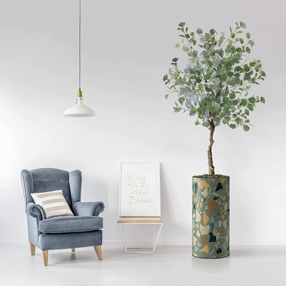Artificial Tree in Modern Geometric Pattern Planter, Fake Eucalyptus Silk Tree for Indoor and Outdoor Home Decoration - 66" Overall Tall (Plant Pot Plus Tree)