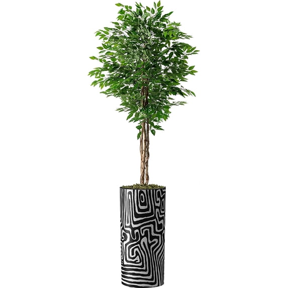 Artificial Tree in Modern Geometric Pattern Planter, Fake Ficus Silk Tree for Indoor and Outdoor Home Decoration - 75" Overall Tall (Plant Pot Plus Tree)