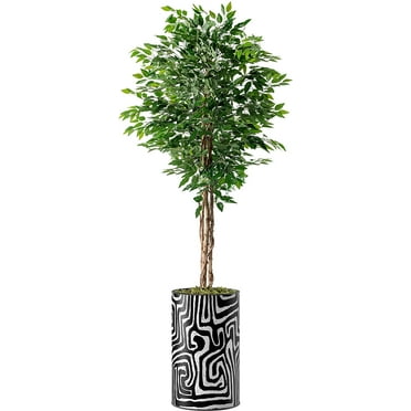 Artificial Tree in Modern Geometric Pattern Planter, Fake Ficus Silk Tree for Indoor and Outdoor Home Decoration - 66" Overall Tall (Plant Pot Plus Tree)