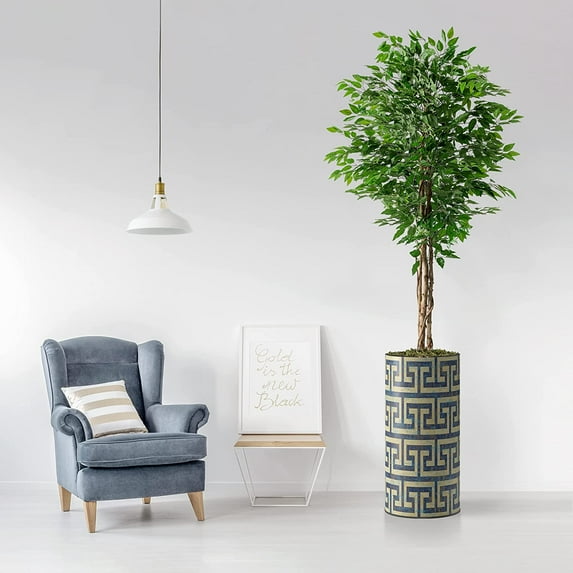 Artificial Tree in Modern Geometric Pattern Planter, Fake Ficus Silk Tree for Indoor and Outdoor Home Decoration - 75" Overall Tall (Plant Pot Plus Tree)