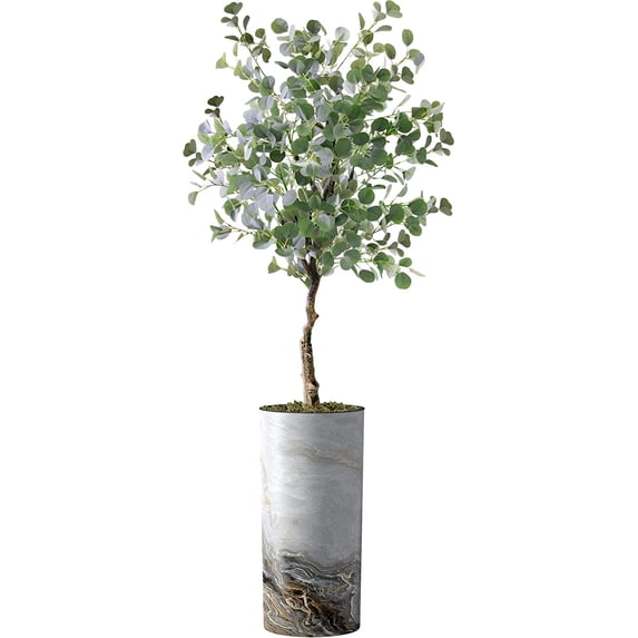 Artificial Tree in Modern Granite Effect Planter, Fake Eucalyptus Silk Tree for Indoor and Outdoor Home Decoration - 66" Overall Tall (Plant Pot Plus Tree)