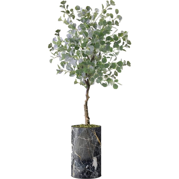 Artificial Tree in Modern Granite Effect Planter, Fake Eucalyptus Silk Tree for Indoor and Outdoor Home Decoration - 57" Overall Tall (Plant Pot Plus Tree)