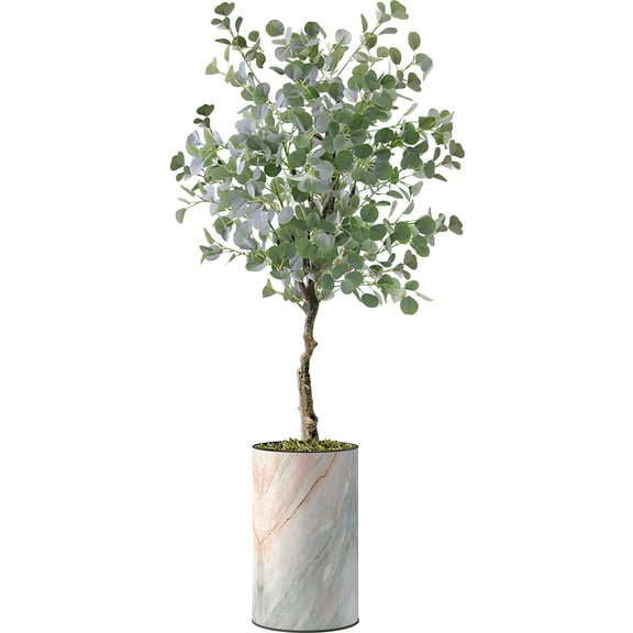 Artificial Tree in Modern Granite Effect Planter, Fake Eucalyptus Silk Tree for Indoor and Outdoor Home Decoration - 57" Overall Tall (Plant Pot Plus Tree)