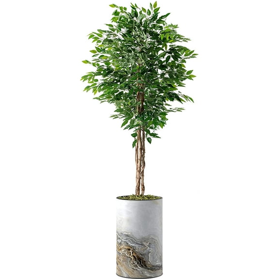 Artificial Tree in Modern Granite Effect Planter, Fake Ficus Silk Tree for Indoor and Outdoor Home Decoration - 66" Overall Tall (Plant Pot Plus Tree)
