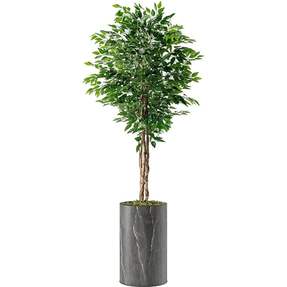Artificial Tree in Modern Granite Effect Planter, Fake Ficus Silk Tree for Indoor and Outdoor Home Decoration - 66" Overall Tall (Plant Pot Plus Tree)