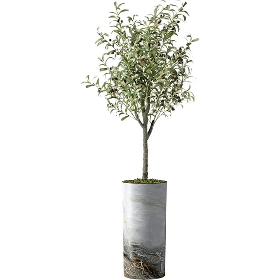 Artificial Tree in Modern Granite Effect Planter, Fake Olive Silk Tree for Indoor and Outdoor Home Decoration - 68" Overall Tall (Plant Pot Plus Tree)