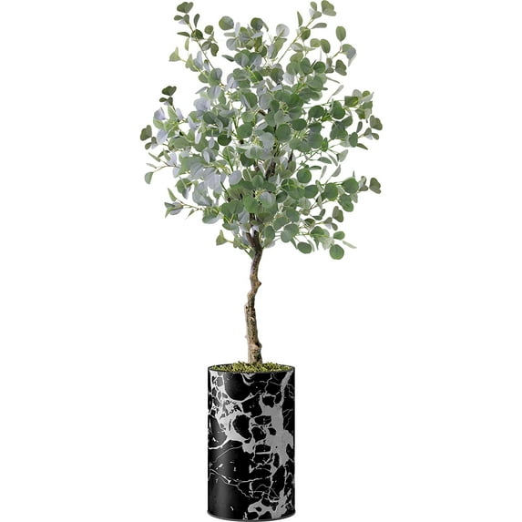 Artificial Tree in Modern Marble Effect Planter, Fake Eucalyptus Silk Tree for Indoor and Outdoor Home Decoration - 57" Overall Tall (Plant Pot Plus Tree)