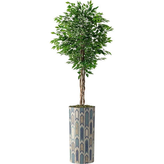 Artificial Tree in Modern Polygon Pattern Effect Planter, Fake Ficus Silk Tree for Indoor and Outdoor Home Decoration - 75" Overall Tall (Plant Pot Plus Tree)