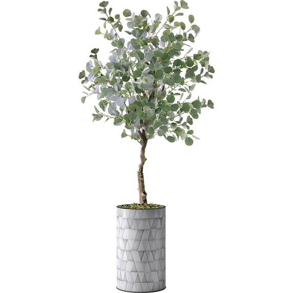 Artificial Tree in Modern Triangel Pattern Planter, Fake Eucalyptus Silk Tree for Indoor and Outdoor Home Decoration - 57" Overall Tall (Plant Pot Plus Tree)