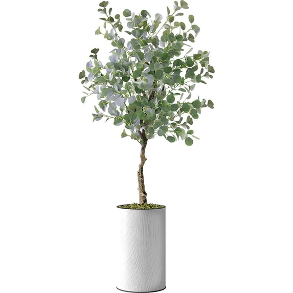 Artificial Tree in White Marble Effect Planter, Fake Eucalyptus Silk Tree for Indoor and Outdoor Home Decoration - 57" Overall Tall (Plant Pot Plus Tree)