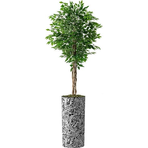 Artificial Tree in Contemporary Pattern Planter, Fake Ficus Silk Tree for Indoor and Outdoor Home Decoration - 75" Overall Tall (Plant Pot Plus Tree)