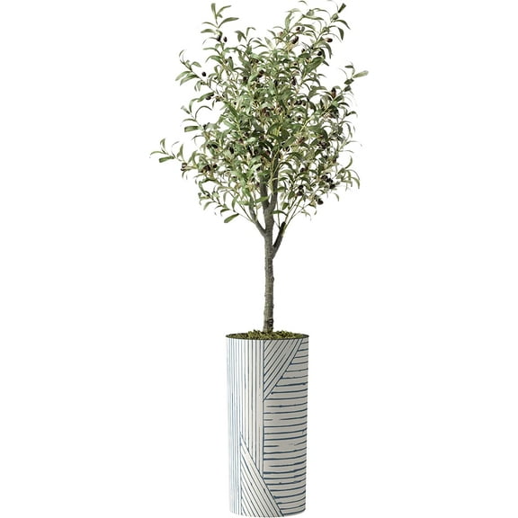Artificial Tree in Geometric Pattern Planter, Fake Olive Silk Tree for Indoor and Outdoor Home Decoration - 68" Overall Tall (Plant Pot Plus Tree)