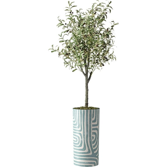 Artificial Tree in Geometric Pattern Planter, Fake Olive Silk Tree for Indoor and Outdoor Home Decoration - 68" Overall Tall (Plant Pot Plus Tree)